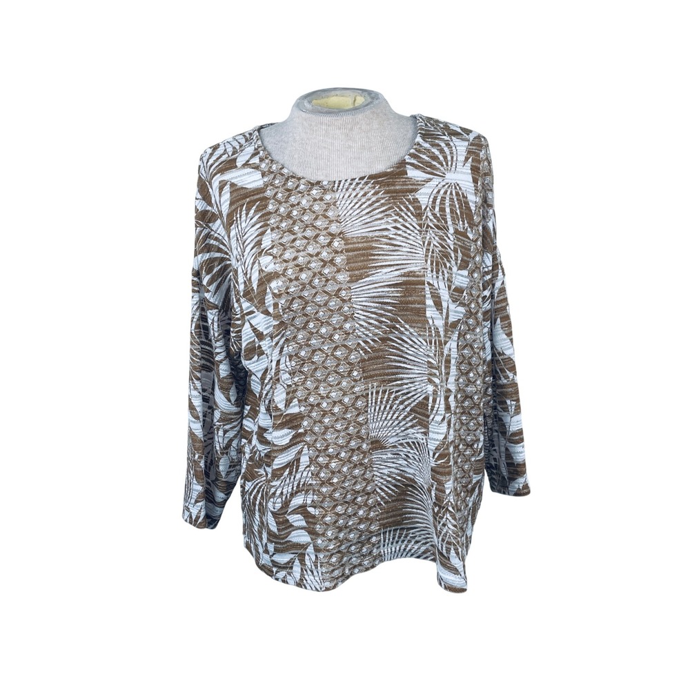 Chicos Brown White Tropical Palm Leaf Geometric Knit Top Size 2 L